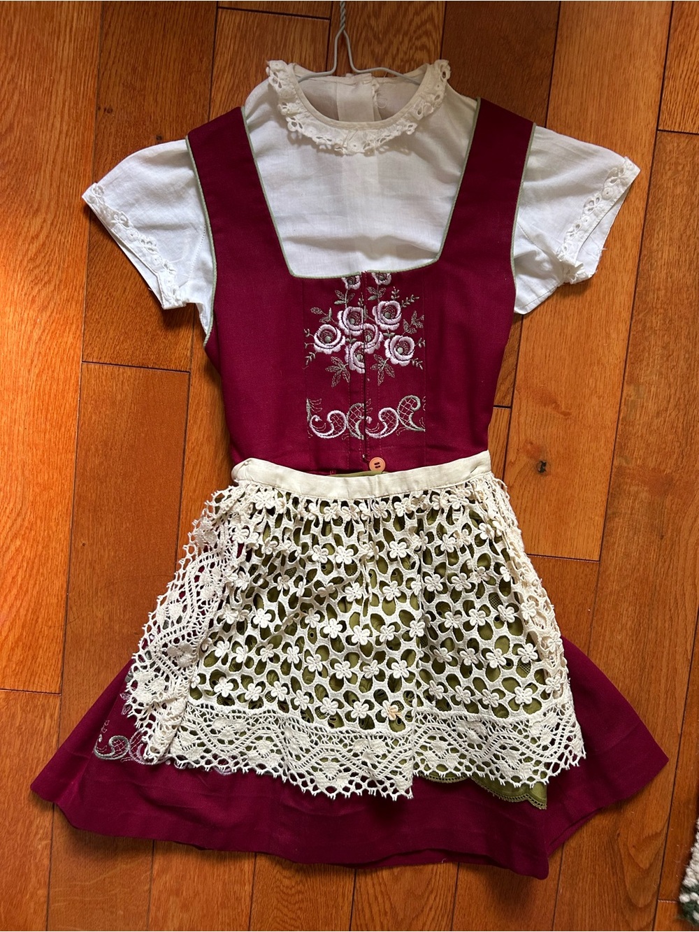 Authentic Burgundy Dirndl Dress with Green & Lace Aprons